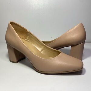 Naturalizer Warner Square Toe Block Heel Nude Pumps Heels Leather Neutral